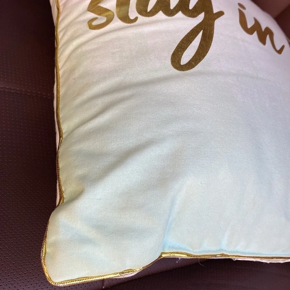 Stay in Bed ombré fade‎ white to sea green square accent pillow with gold trim